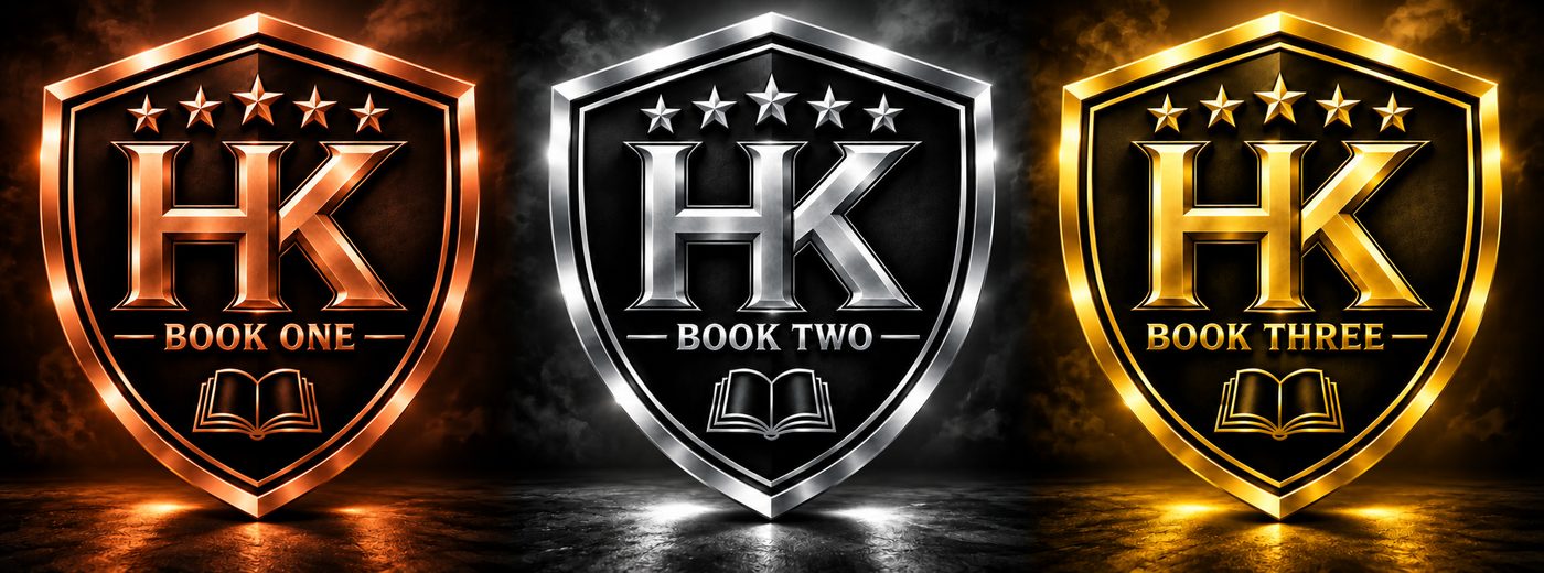 The Hard Knocks shields for Book One in bronze, Book Two in silver and Book Three in gold